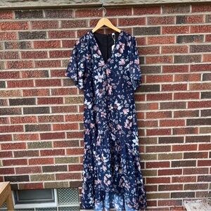 Dust Navy Blue Floral Surplice Front Short Sleeve Flounce Chiffon Maxi Dress
